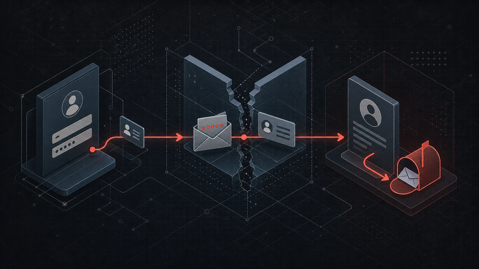 Dark technical schematic showing a leaked identity crossing a broken authorization boundary before an account email is rerouted